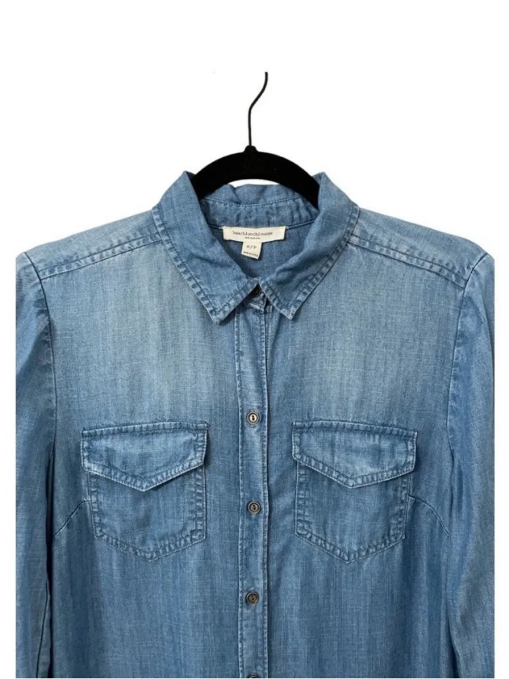 Beach Lunch Lounge Chambray Shirt Dress Blue Size S Long Sleeve Pocket Casual - Picture 5 of 6